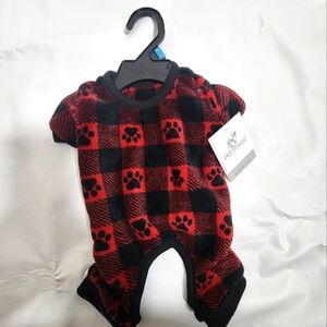 Pet Posse Dog Pajamas Size XS Fleece Red Black Buffalo Plaid Paw Prints NWT